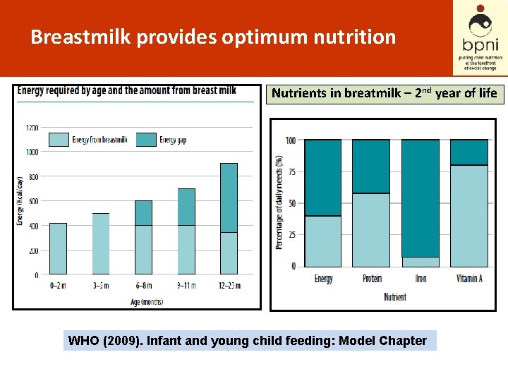 Breastmilk provides optimum nutrition Nutrients in breatmilk – 2 nd year of life WHO