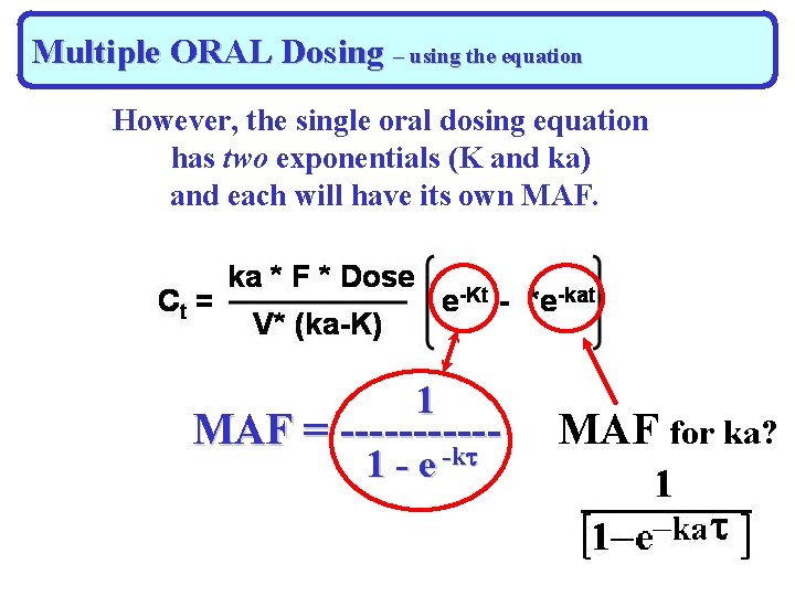 Multiple ORAL Dosing – using the equation However, the single oral dosing equation has