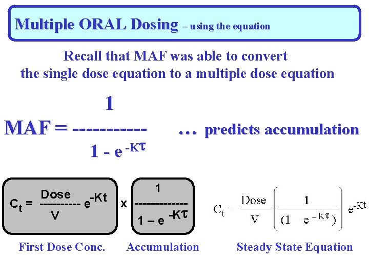 Multiple ORAL Dosing – using the equation Recall that MAF was able to convert