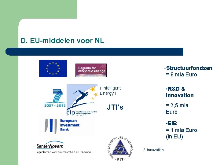 D. EU-middelen voor NL • Structuurfondsen = 6 mia Euro • R&D & Innovation