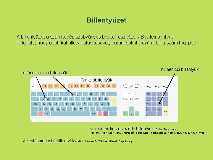 Billentyűzet A billentyűzet a számítógép szabványos beviteli eszköze. / Beviteli periféria. Feladata, hogy adatokat,