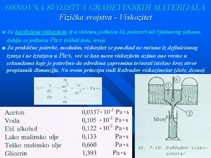 OSNOVNA SVOJSTVA GRAĐEVINSKIH MATERIJALA Fizička svojstva - Viskozitet ■ Za koeficijent viskoziteta η u