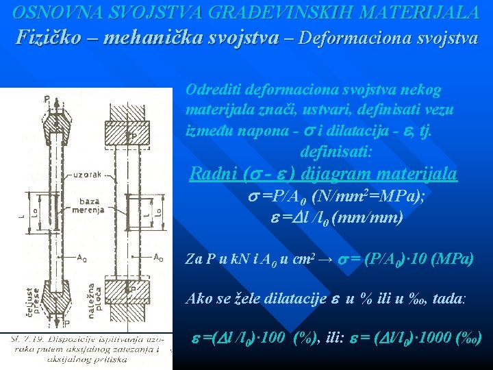 OSNOVNA SVOJSTVA GRAĐEVINSKIH MATERIJALA Fizičko – mehanička svojstva – Deformaciona svojstva Odrediti deformaciona svojstva