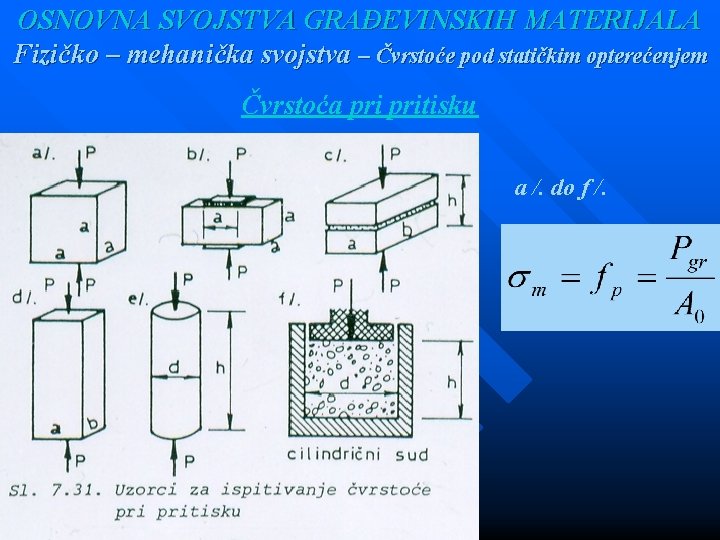 OSNOVNA SVOJSTVA GRAĐEVINSKIH MATERIJALA Fizičko – mehanička svojstva – Čvrstoće pod statičkim opterećenjem Čvrstoća