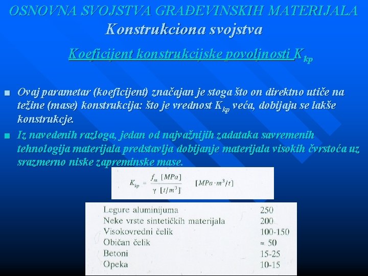 OSNOVNA SVOJSTVA GRAĐEVINSKIH MATERIJALA Konstrukciona svojstva Koeficijent konstrukcijske povoljnosti Kkp ■ Ovaj parametar (koeficijent)