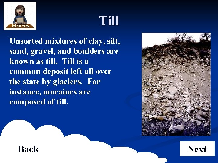 Till Unsorted mixtures of clay, silt, sand, gravel, and boulders are known as till.