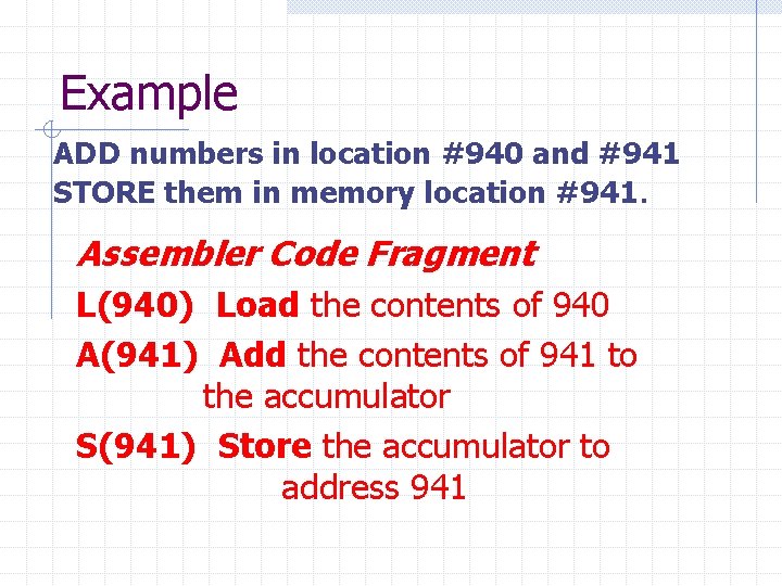 Example ADD numbers in location #940 and #941 STORE them in memory location #941.