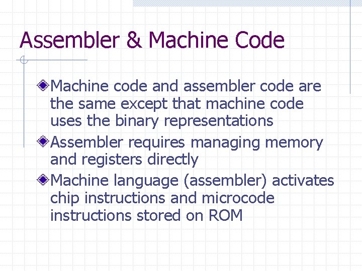 Assembler & Machine Code Machine code and assembler code are the same except that