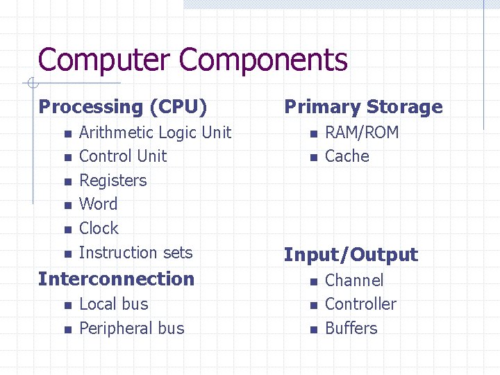 Computer Components Processing (CPU) n n n Arithmetic Logic Unit Control Unit Registers Word