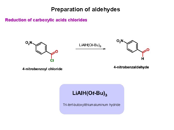 Preparation of aldehydes Reduction of carboxylic acids chlorides Tri-tert-butoxylithiumaluminum hydride 