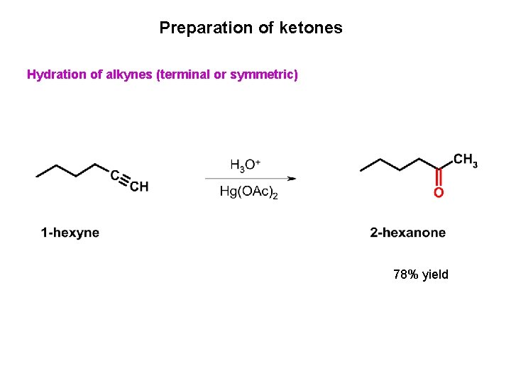 Preparation of ketones Hydration of alkynes (terminal or symmetric) 78% yield 
