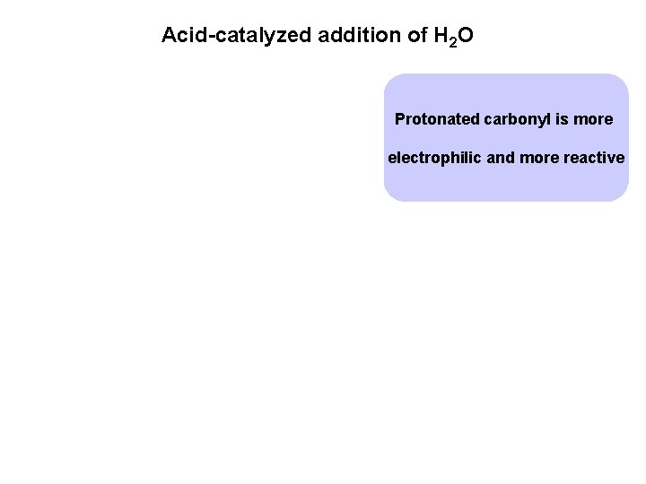 Acid-catalyzed addition of H 2 O Protonated carbonyl is more electrophilic and more reactive