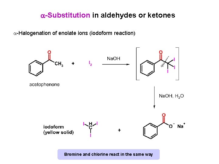  -Substitution in aldehydes or ketones -Halogenation of enolate ions (iodoform reaction) Bromine and