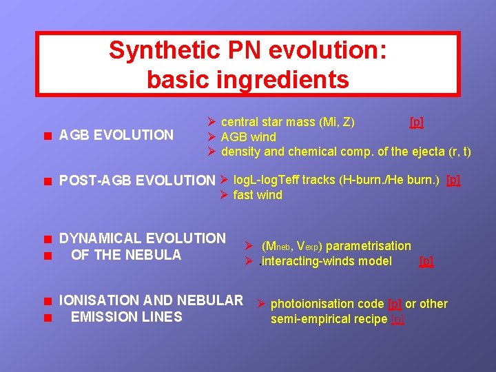 Synthetic PN evolution: basic ingredients AGB EVOLUTION Ø central star mass (Mi, Z) [p]