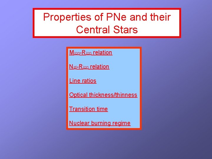 Properties of PNe and their Central Stars Mion-Rion relation Nel-Rion relation Line ratios Optical