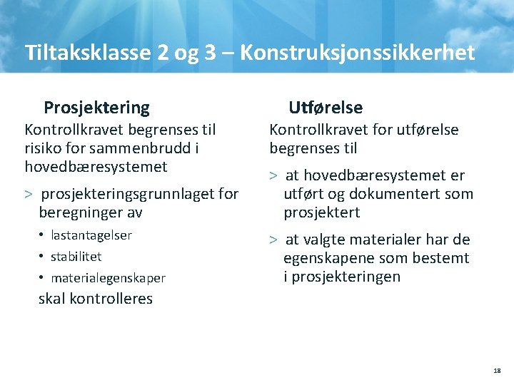 Tiltaksklasse 2 og 3 – Konstruksjonssikkerhet Prosjektering Kontrollkravet begrenses til risiko for sammenbrudd i