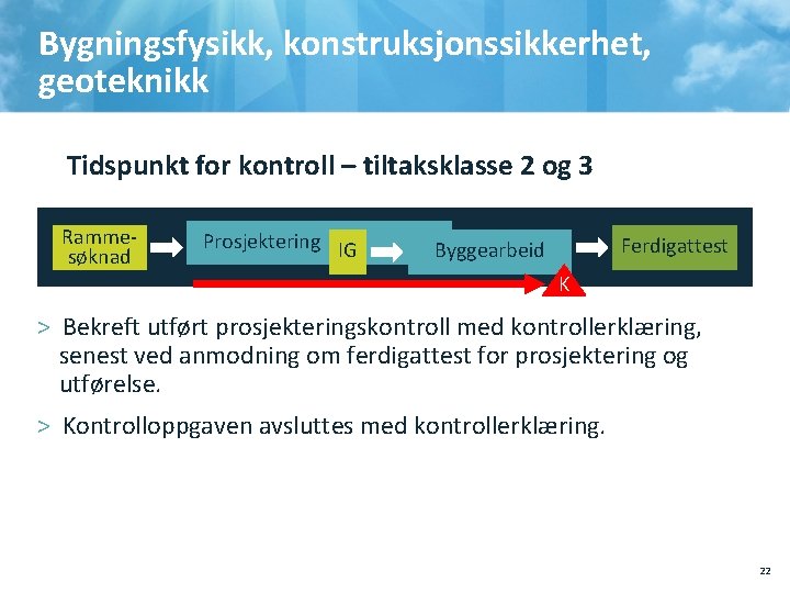 Bygningsfysikk, konstruksjonssikkerhet, geoteknikk Tidspunkt for kontroll – tiltaksklasse 2 og 3 Rammesøknad Prosjektering IG