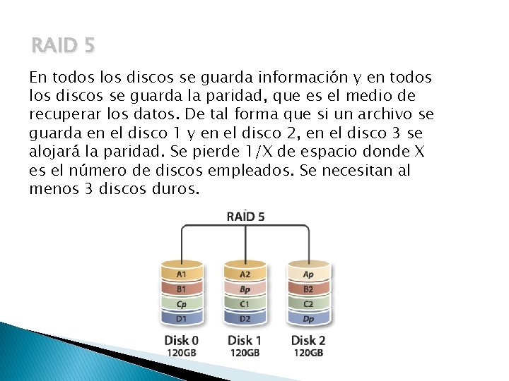 RAID 5 En todos los discos se guarda información y en todos los discos