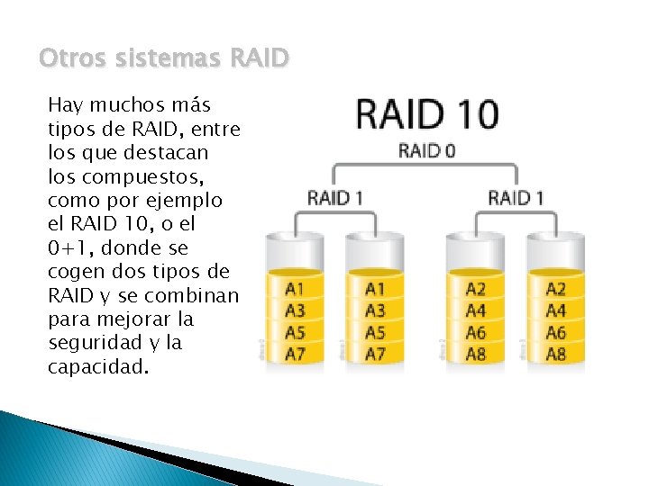 Otros sistemas RAID Hay muchos más tipos de RAID, entre los que destacan los