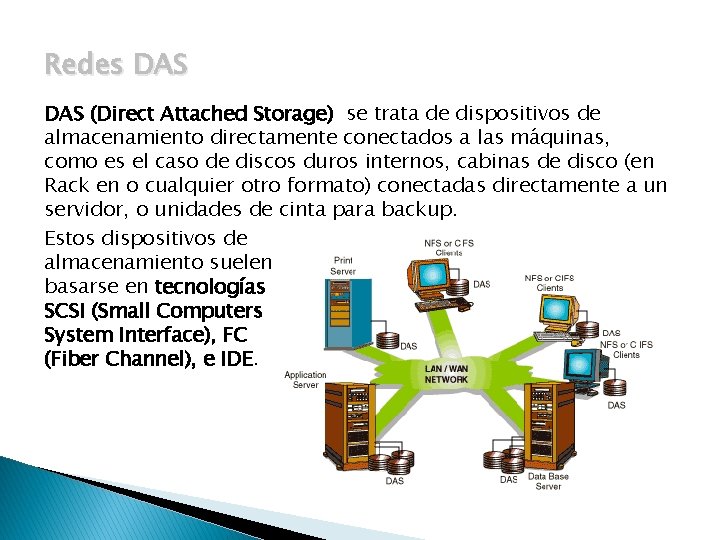 Redes DAS (Direct Attached Storage) se trata de dispositivos de almacenamiento directamente conectados a