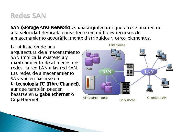 Redes SAN (Storage Area Network) es una arquitectura que ofrece una red de alta