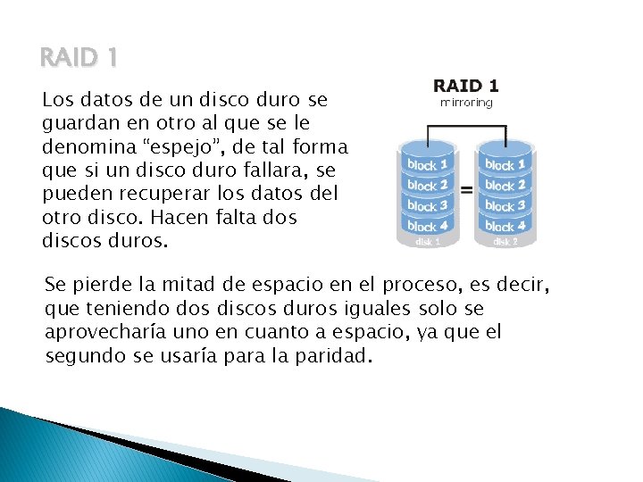 RAID 1 Los datos de un disco duro se guardan en otro al que