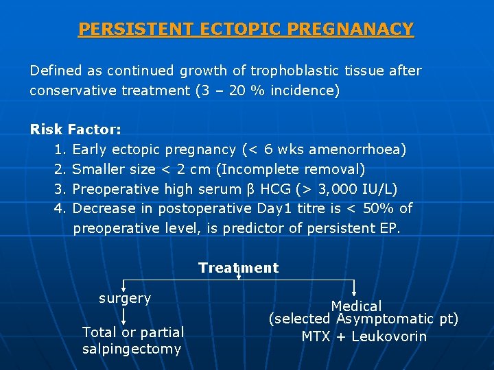 PERSISTENT ECTOPIC PREGNANACY Defined as continued growth of trophoblastic tissue after conservative treatment (3