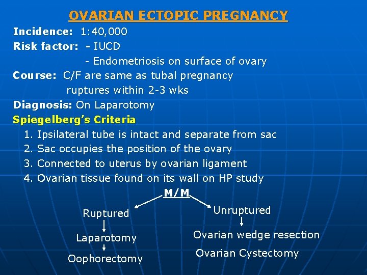 OVARIAN ECTOPIC PREGNANCY Incidence: 1: 40, 000 Risk factor: - IUCD - Endometriosis on