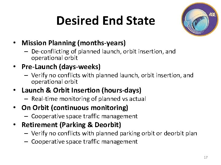 Desired End State • Mission Planning (months-years) – De-conflicting of planned launch, orbit insertion,