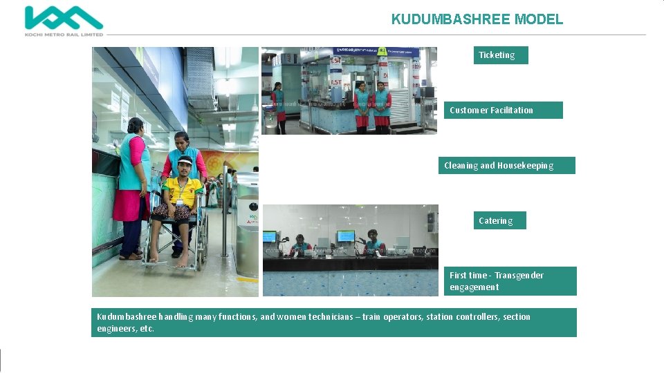 KUDUMBASHREE MODEL Ticketing Customer Facilitation Cleaning and Housekeeping Catering First time - Transgender engagement
