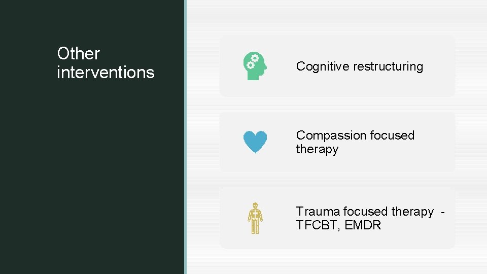 z Other interventions Cognitive restructuring Compassion focused therapy Trauma focused therapy TFCBT, EMDR 