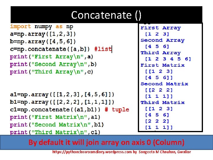 Concatenate () By default it will join array on axis 0 (Column) https: //pythonclassroomdiary.