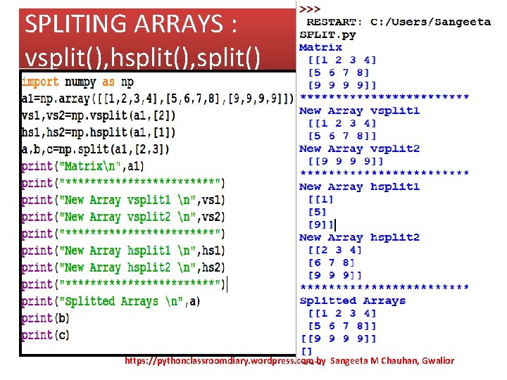 SPLITING ARRAYS : vsplit(), hsplit(), split() https: //pythonclassroomdiary. wordpress. com by Sangeeta M Chauhan,