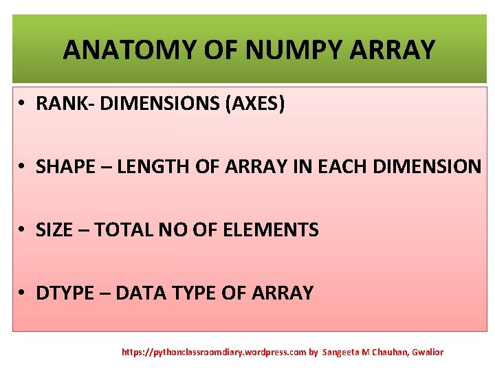ANATOMY OF NUMPY ARRAY • RANK- DIMENSIONS (AXES) • SHAPE – LENGTH OF ARRAY