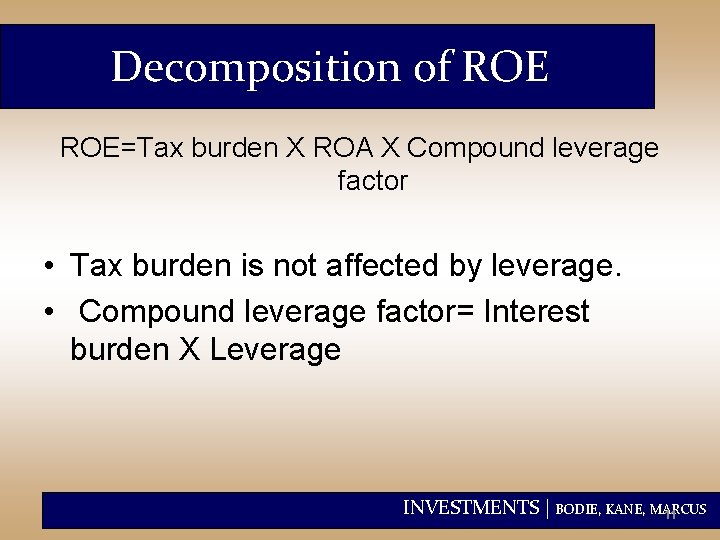 Decomposition of ROE=Tax burden X ROA X Compound leverage factor • Tax burden is
