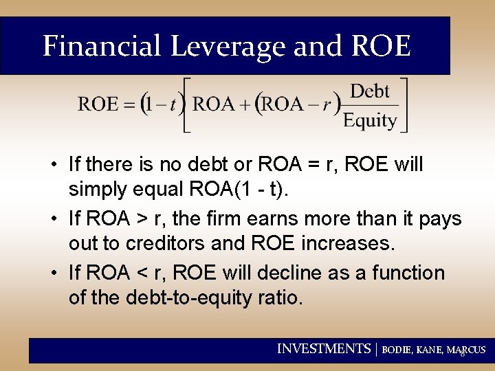 Financial Leverage and ROE • If there is no debt or ROA = r,