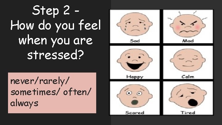 Step 2 How do you feel when you are stressed? never/rarely/ sometimes/ often/ always