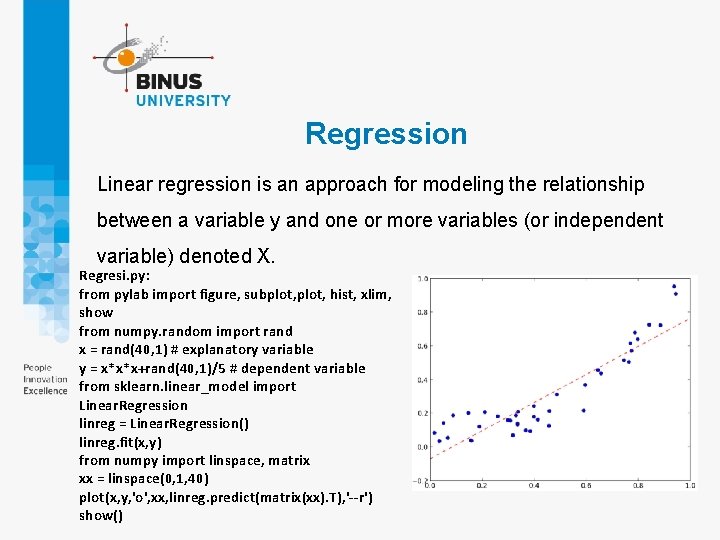 Regression Linear regression is an approach for modeling the relationship between a variable y