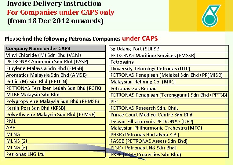 Invoice Delivery Instruction For Companies under CAPS only (from 18 Dec 2012 onwards) Please