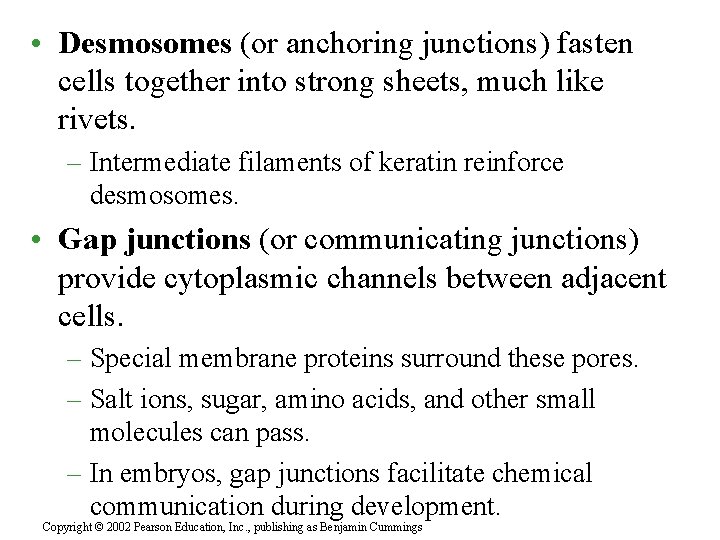  • Desmosomes (or anchoring junctions) fasten cells together into strong sheets, much like