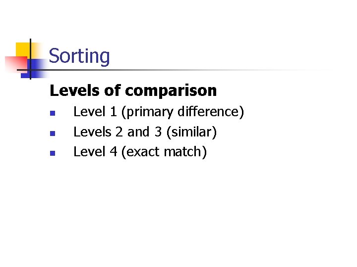 Sorting Levels of comparison n Level 1 (primary difference) Levels 2 and 3 (similar)