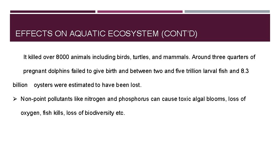 EFFECTS ON AQUATIC ECOSYSTEM (CONT’D) It killed over 8000 animals including birds, turtles, and