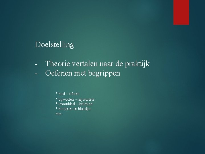 Doelstelling - Theorie vertalen naar de praktijk - Oefenen met begrippen * bast –