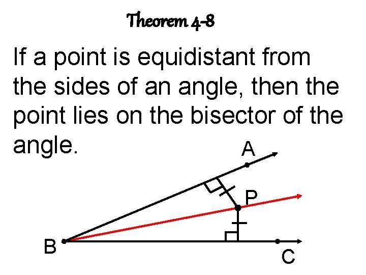 Theorem 4 -8 If a point is equidistant from the sides of an angle,