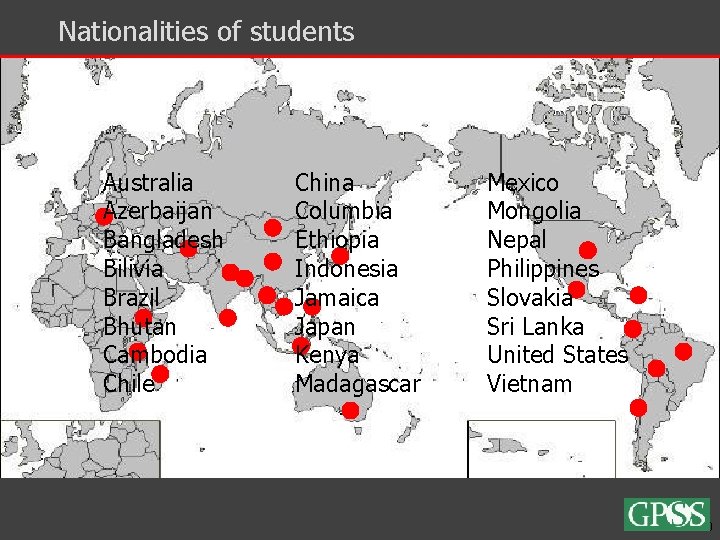 Nationalities of students Australia Azerbaijan Bangladesh Bilivia Brazil Bhutan Cambodia Chile China Columbia Ethiopia