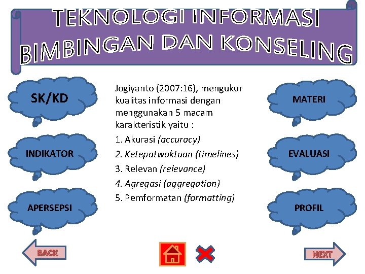 SK/KD INDIKATOR APERSEPSI BACK Jogiyanto (2007: 16), mengukur kualitas informasi dengan menggunakan 5 macam