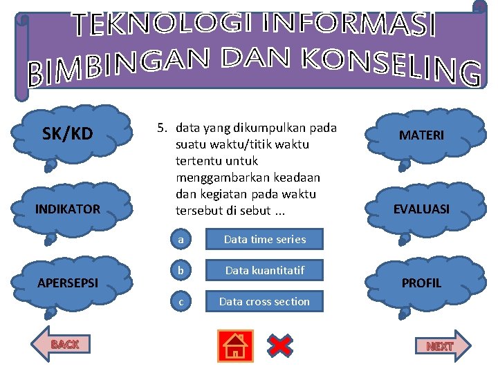 SK/KD INDIKATOR APERSEPSI BACK 5. data yang dikumpulkan pada suatu waktu/titik waktu tertentu untuk