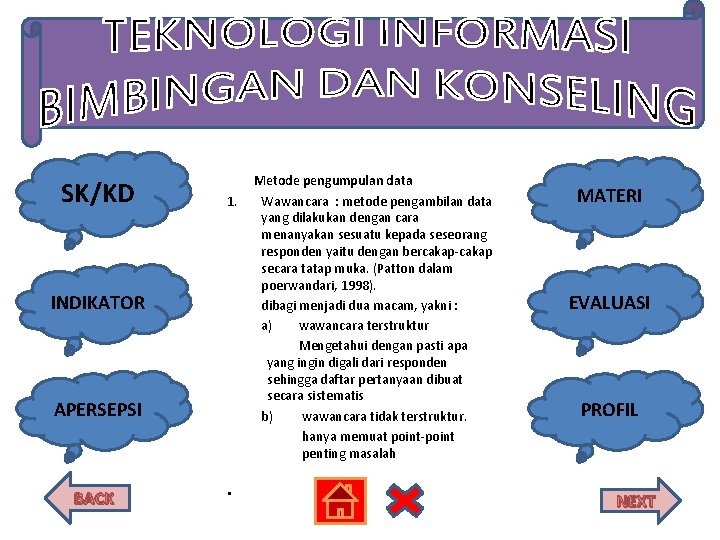 SK/KD 1. INDIKATOR APERSEPSI BACK • Metode pengumpulan data Wawancara : metode pengambilan data