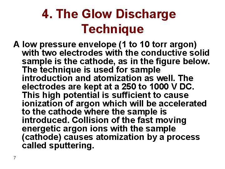 4. The Glow Discharge Technique A low pressure envelope (1 to 10 torr argon)