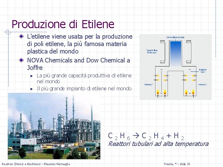 Produzione di Etilene L’etilene viene usata per la produzione di poli etilene, la più